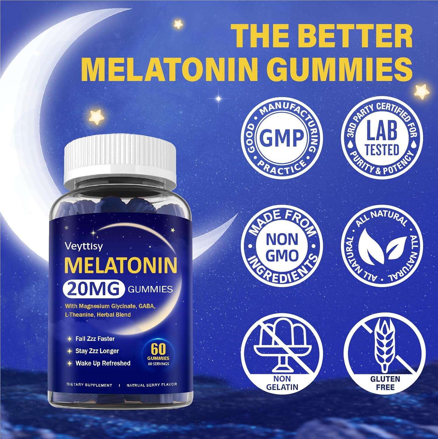 Melatonin 20mg Gummies for Adults - Max Strength Melatonin Gummy Supplement with Magnesium Glycinate, B6, B12, L-Theanine, GABA, & Herbs - Non-Habit Forming, Vegan, Natural Mixed Berry Flavor - Image 9