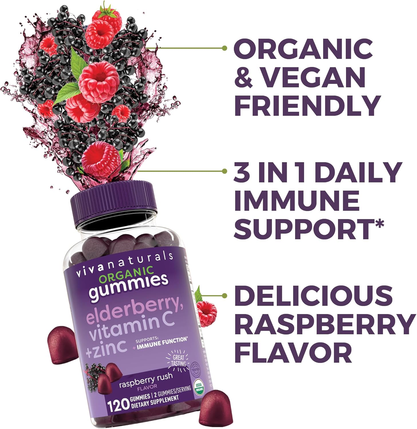 Elderberry Vitamin C and Zinc Immune Support Gummies , Made of 150mg Black Elderberry Per Serving for Adults, Sambucus Elderberry Gummies with Raspberry Rush Flavor, USDA Organic, Non-GMO, (120 Count) - Image 5