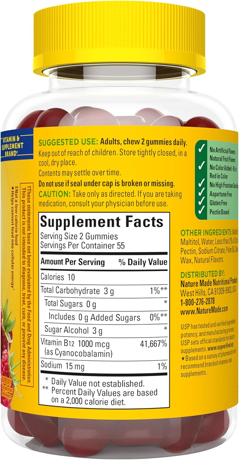 Nature Made Zero Sugar Energy Vitamin B12 Gummies 1000 mcg per Serving, B12 Vitamin, Energy Metabolism Support, Aspartame Free, 110 Sugar Free Gummies, 55 Day Supply - Image 12