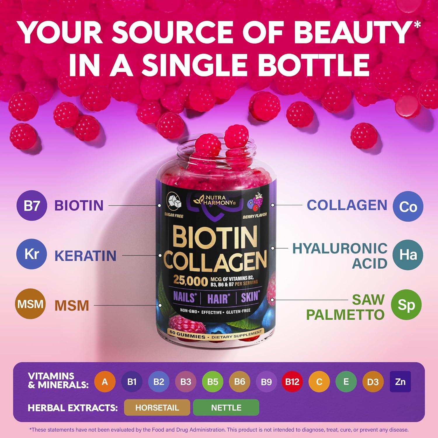 Biotin Gummies with Collagen - Hair Growth Support, Skin, & Nail Strength - for Women & Men - Biotin 10000mcg | Keratin | Hyaluronic Acid | B-Complex | Nettle - Sugar-Free, Mixed Berry, 60 Gummies - Image 5