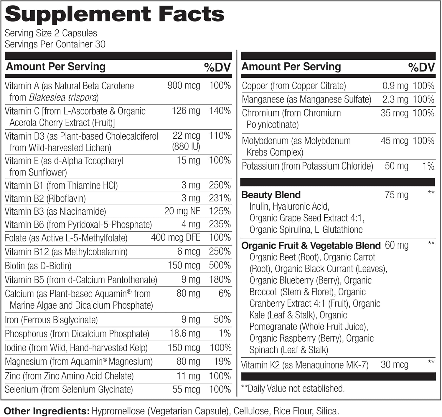 NATURELO Whole Food Multivitamin with Extra Hair, Skin and Nails Support - Beauty Blend with Hyaluronic Acid & Grape Seed - High Potency Biotin, Vitamin C, and Glutathione - 60 Vegan Capsules - Image 3