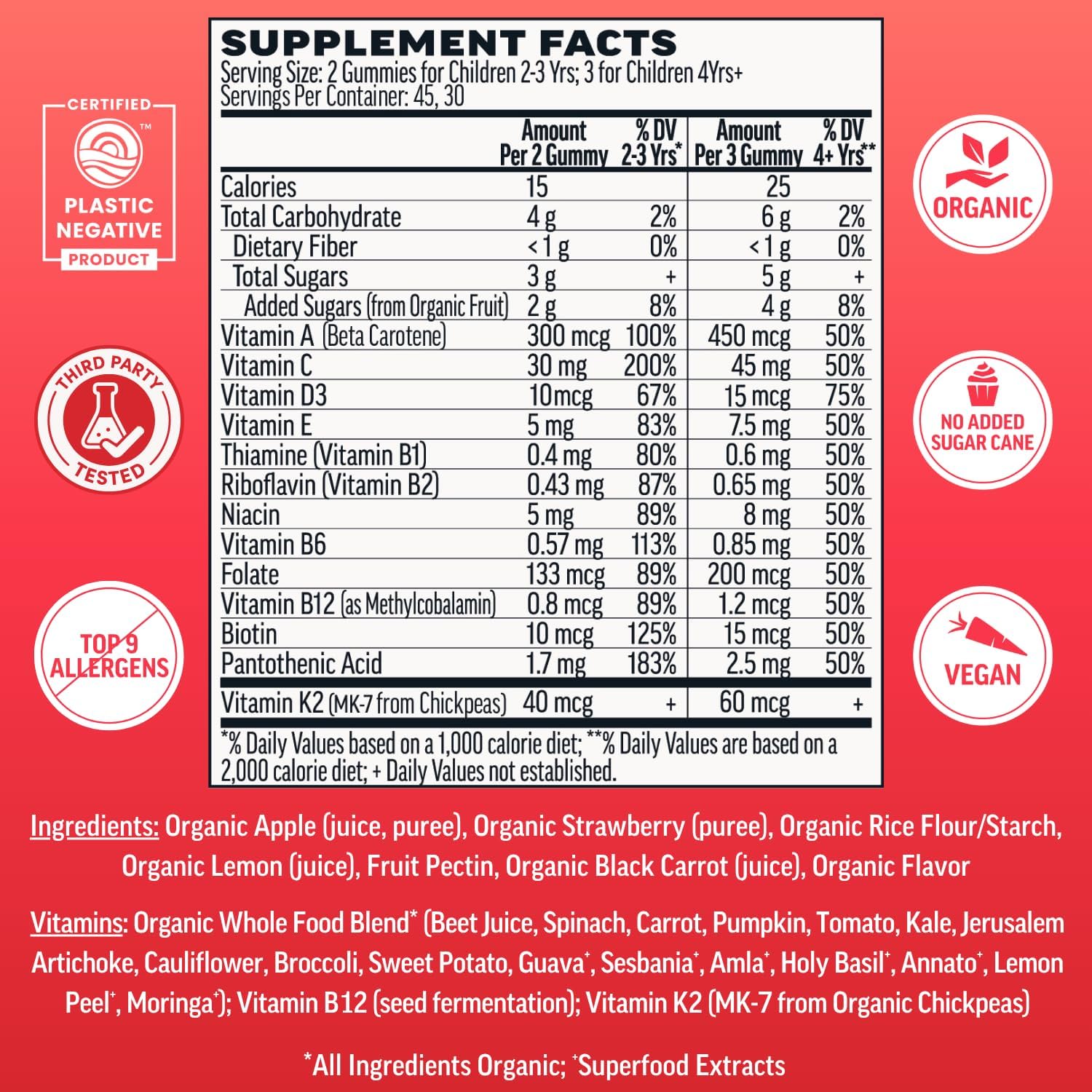 Llama Naturals Kids Multivitamin Gummies | Real Fruit, No Added Sugar Cane | Organic Vegan Toddler Whole Food Vitamins | Vitamin D, C & Beta Carotene Gummy Supplement | Strawberry 90 Ct (1-2 Months) - Image 2