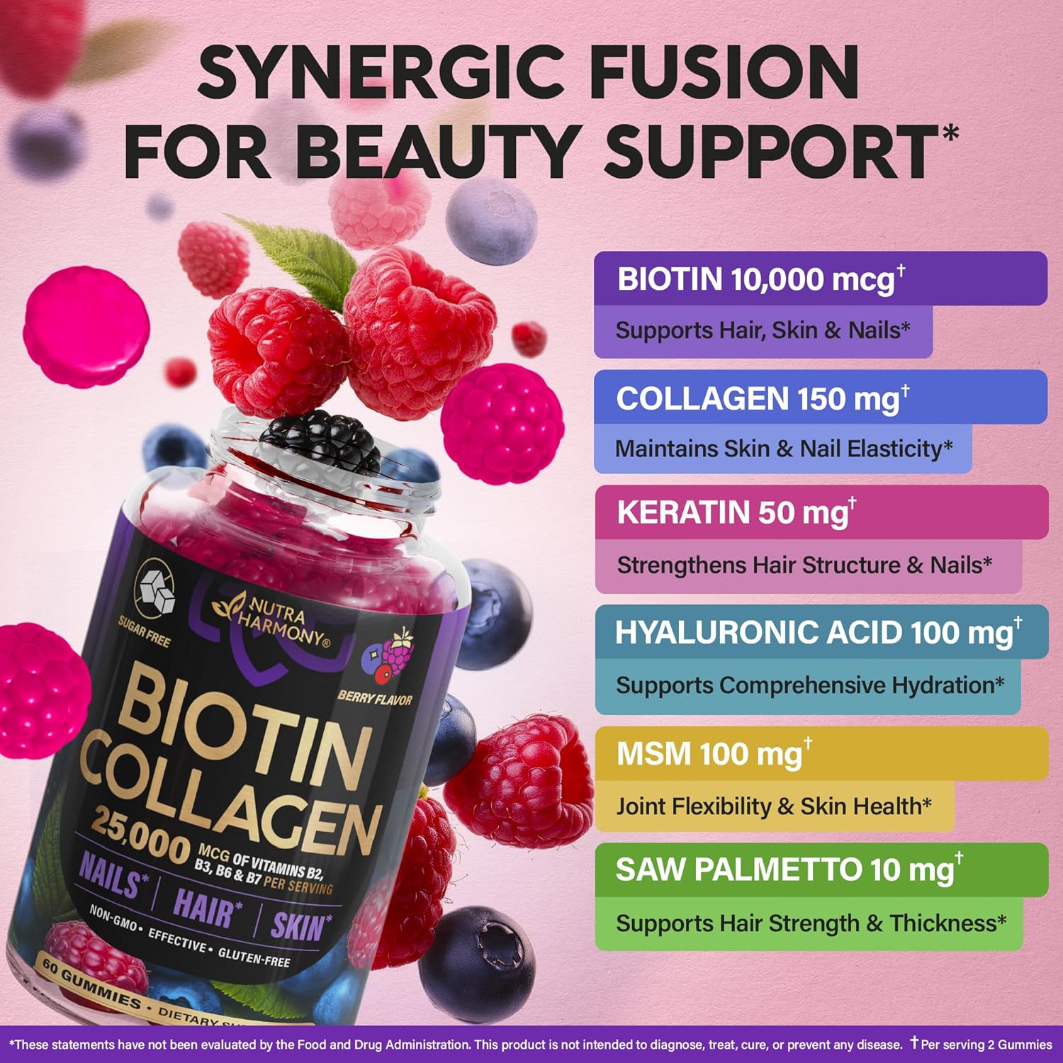 Biotin Gummies with Collagen - Hair Growth Support, Skin, & Nail Strength - for Women & Men - Biotin 10000mcg | Keratin | Hyaluronic Acid | B-Complex | Nettle - Sugar-Free, Mixed Berry, 60 Gummies - Image 4