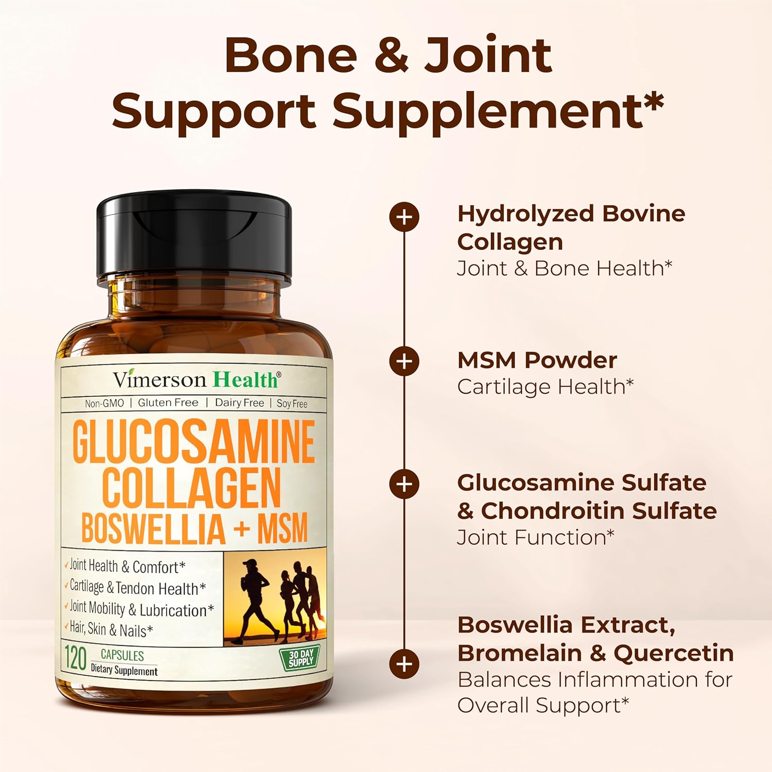 Glucosamine Chondroitin with 1200mg Hydrolyzed Collagen Peptides, Boswellia Extract, Quercetin, Bromelain, MSM – Hair Skin Nails and Joint Supplement for Women & Men – FSA Eligible 120 Capsules - Image 7