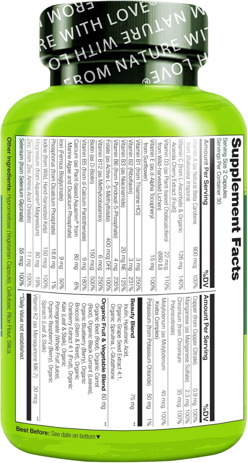NATURELO Whole Food Multivitamin with Extra Hair, Skin and Nails Support - Beauty Blend with Hyaluronic Acid & Grape Seed - High Potency Biotin, Vitamin C, and Glutathione - 60 Vegan Capsules - Image 8