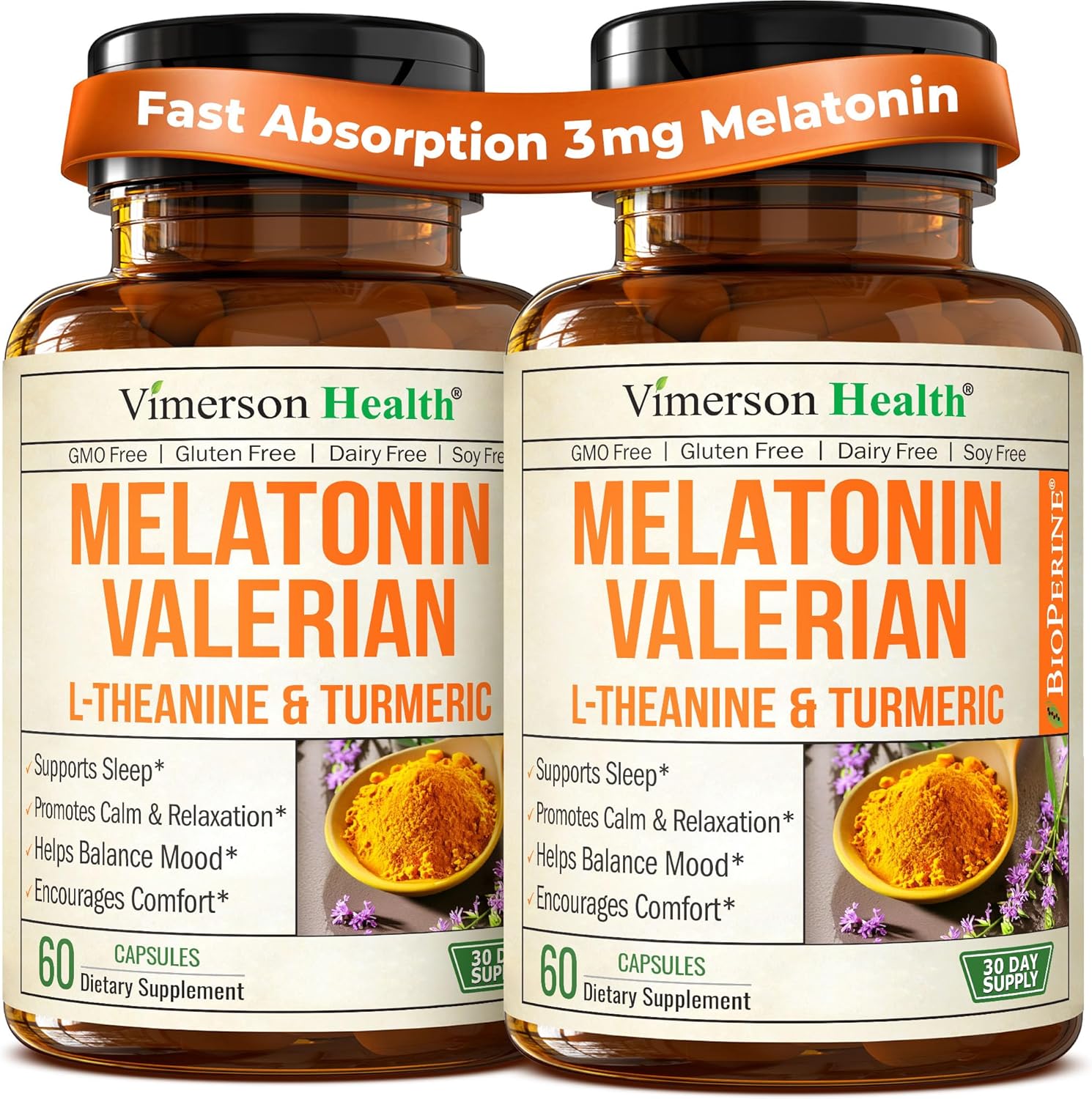 Melatonin 3mg + Valerian Root for Sleep, Daily Calm & Stress Relief Support – Natural Sleep Aid: Organic Turmeric Melatonin Valerian Supplement with L-Theanine, Ginger & Black Pepper – 2 Pack