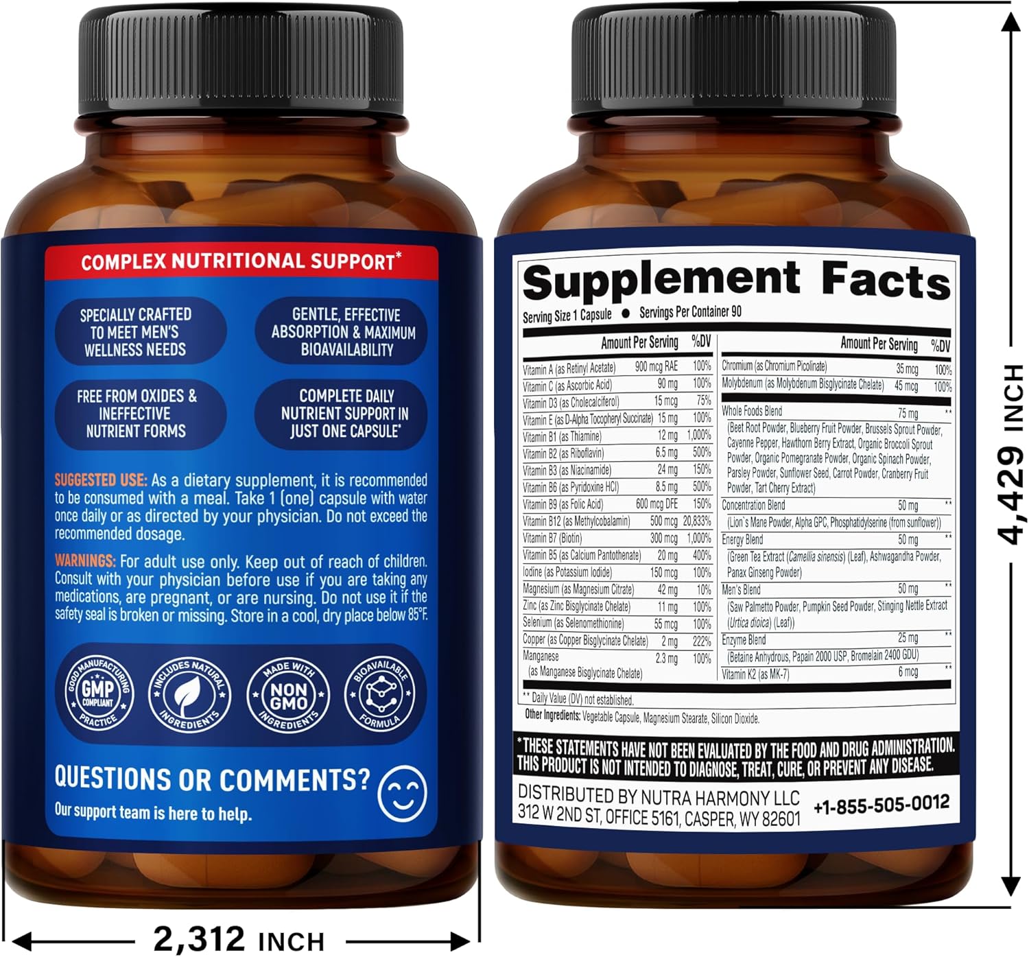 Multivitamin for Men - B-Complex | Whole Foods & Enzymes - Energy, Focus & Brain | Men's Health Complex - 46in1 Mens Multivitamin - Bioavailable & Gentle on Stomach - Lab Tested - 90 Capsules, 1/Day - Image 2