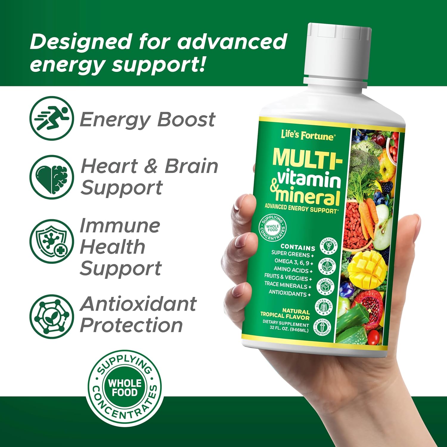 Life’s Fortune Liquid Multivitamin for Adults and Seniors – Fast Absorption Vitamins and Minerals with 90+ Nutrients for Energy and Immune Support – Easy to Digest, Sugar Free, Tropical Flavor, 32 oz - Image 2