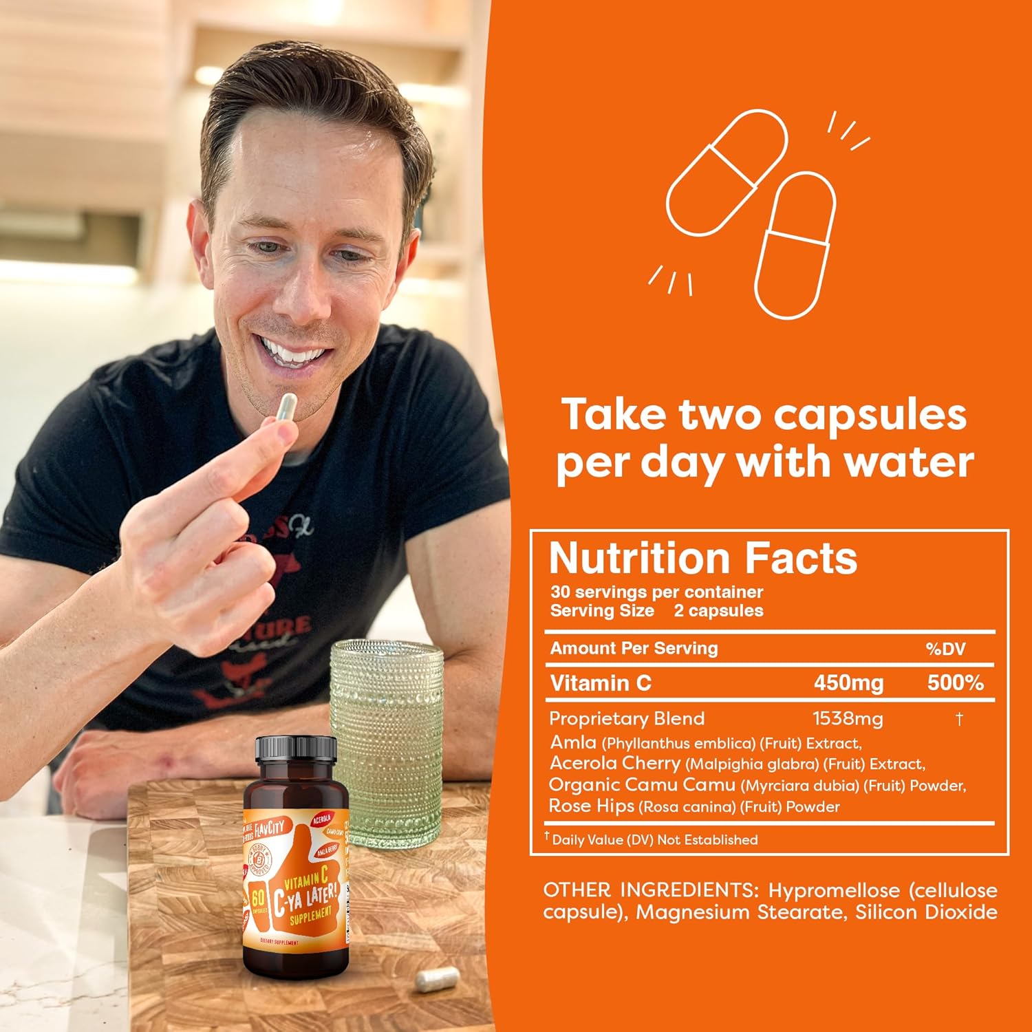 FlavCity Vitamin C Supplement, C-Ya Later! Superfood-Derived Immunity Support - Bioavailable Vitamin C Immune Support from Acerola Cherry, Rose Hips & Camu Camu - 500% Daily Value (60 Capsules) - Image 5