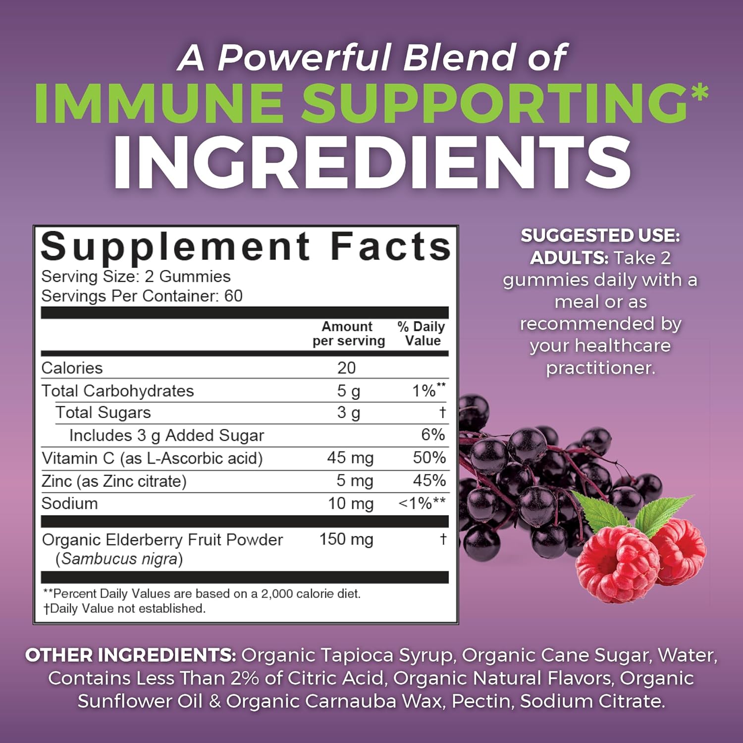 Elderberry Vitamin C and Zinc Immune Support Gummies , Made of 150mg Black Elderberry Per Serving for Adults, Sambucus Elderberry Gummies with Raspberry Rush Flavor, USDA Organic, Non-GMO, (120 Count) - Image 2