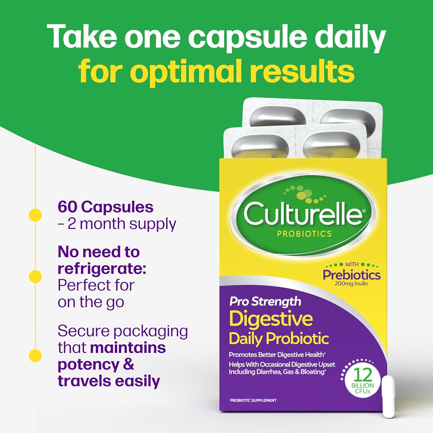 Culturelle Pro Strength Daily Probiotics For Digestive Health (2 Month Supply) with Prebiotics for Women & Men, Supports Occasional Diarrhea, Gas & Bloating, Gluten & Soy Free, 60 Count - Image 5