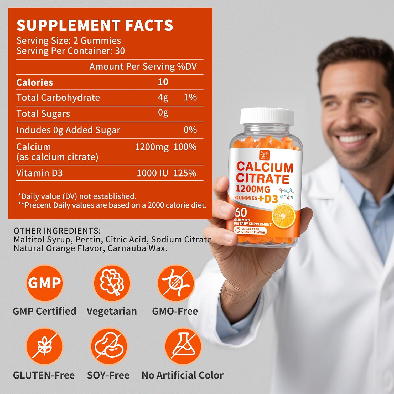 (2 Pack) Calcium Citrate 1200 mg with Vitamin D3 Gummies for Women & Men,Calcium Supplements for Bone & Teeth Support,High Absorption - Easy to Digest, Sugar Free,Vegan,Orange Flavor,60 Day Supply - Image 6