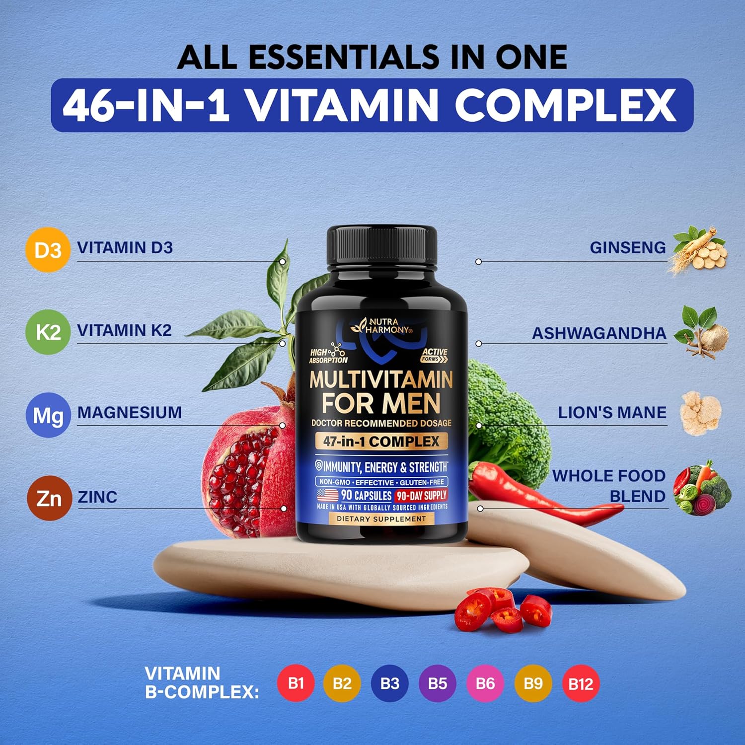 Multivitamin for Men - B-Complex | Whole Foods & Enzymes - Energy, Focus & Brain | Men's Health Complex - 46in1 Mens Multivitamin - Bioavailable & Gentle on Stomach - Lab Tested - 90 Capsules, 1/Day - Image 4