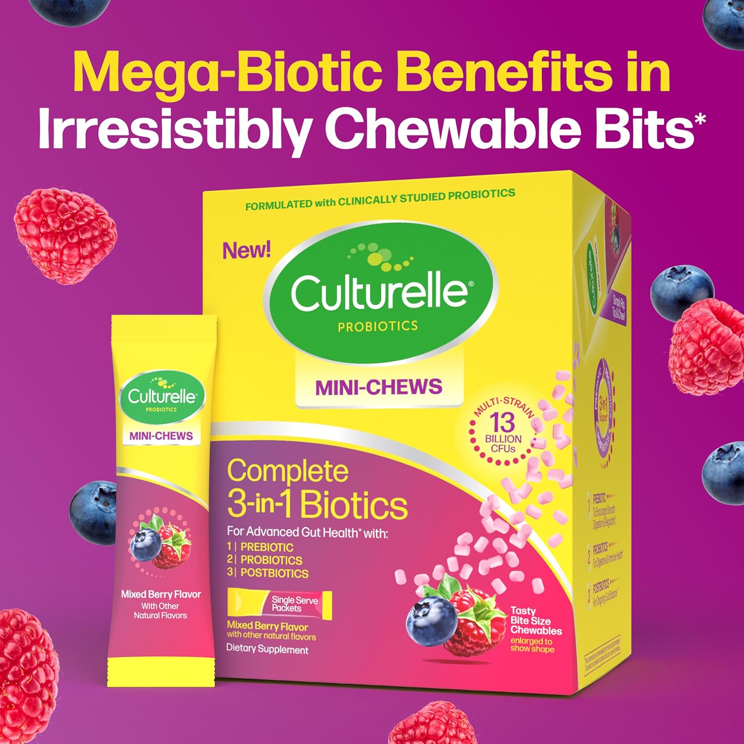 Culturelle® Complete 3-in-1 Biotics Mini-Chews Daily Probiotic for Digestive Health with Prebiotics and Postbiotics for Gut Balance, Mixed Berry Flavor, 28 Count - Image 8