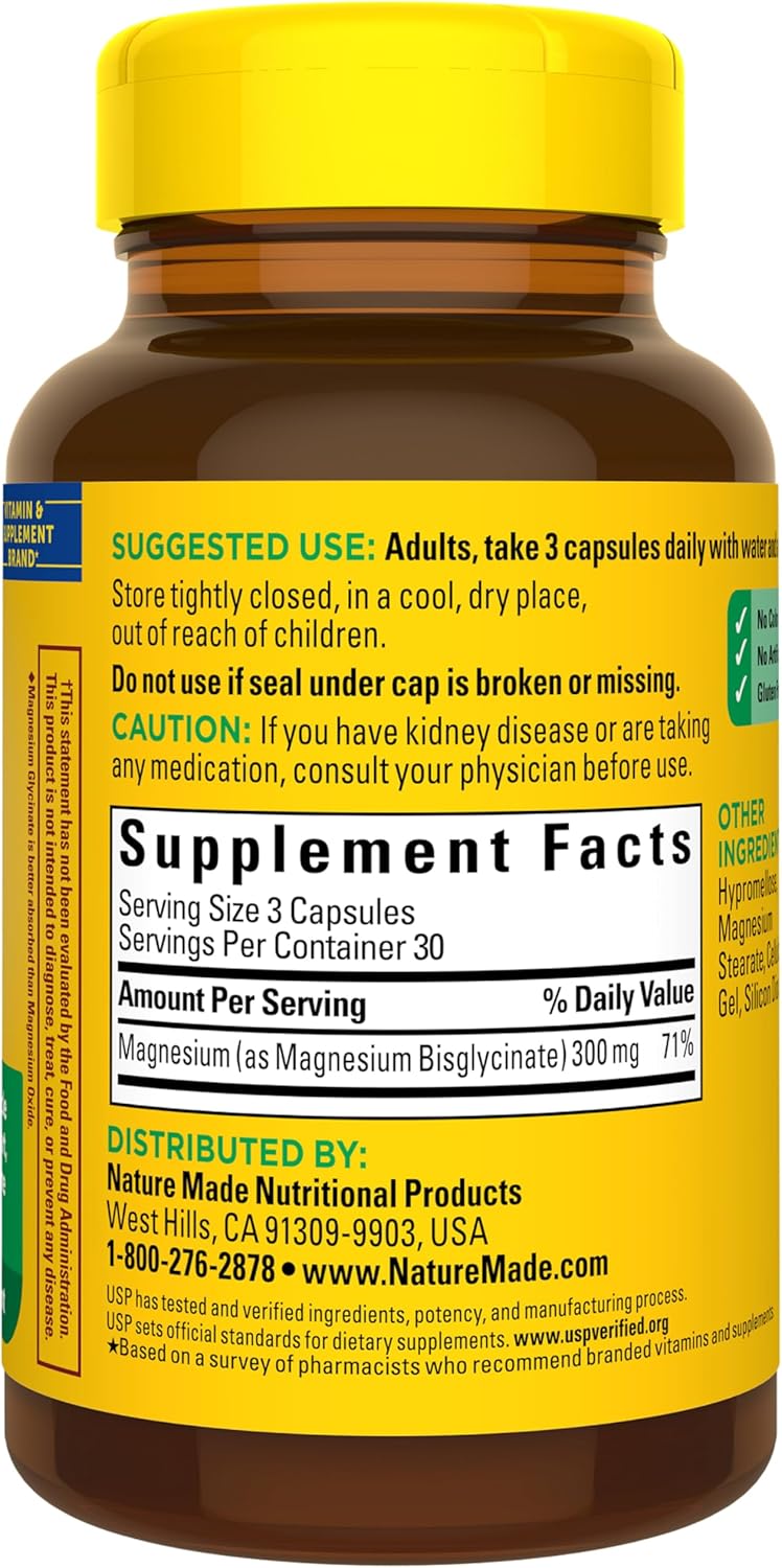 Nature Made High Absorption Magnesium Glycinate 300mg per 3 Capsules, Magnesium Supplement for Muscle, Heart, Nerve and Bone Support, 90 Magnesium Bisglycinate Capsules, 30 Day Supply - Image 7