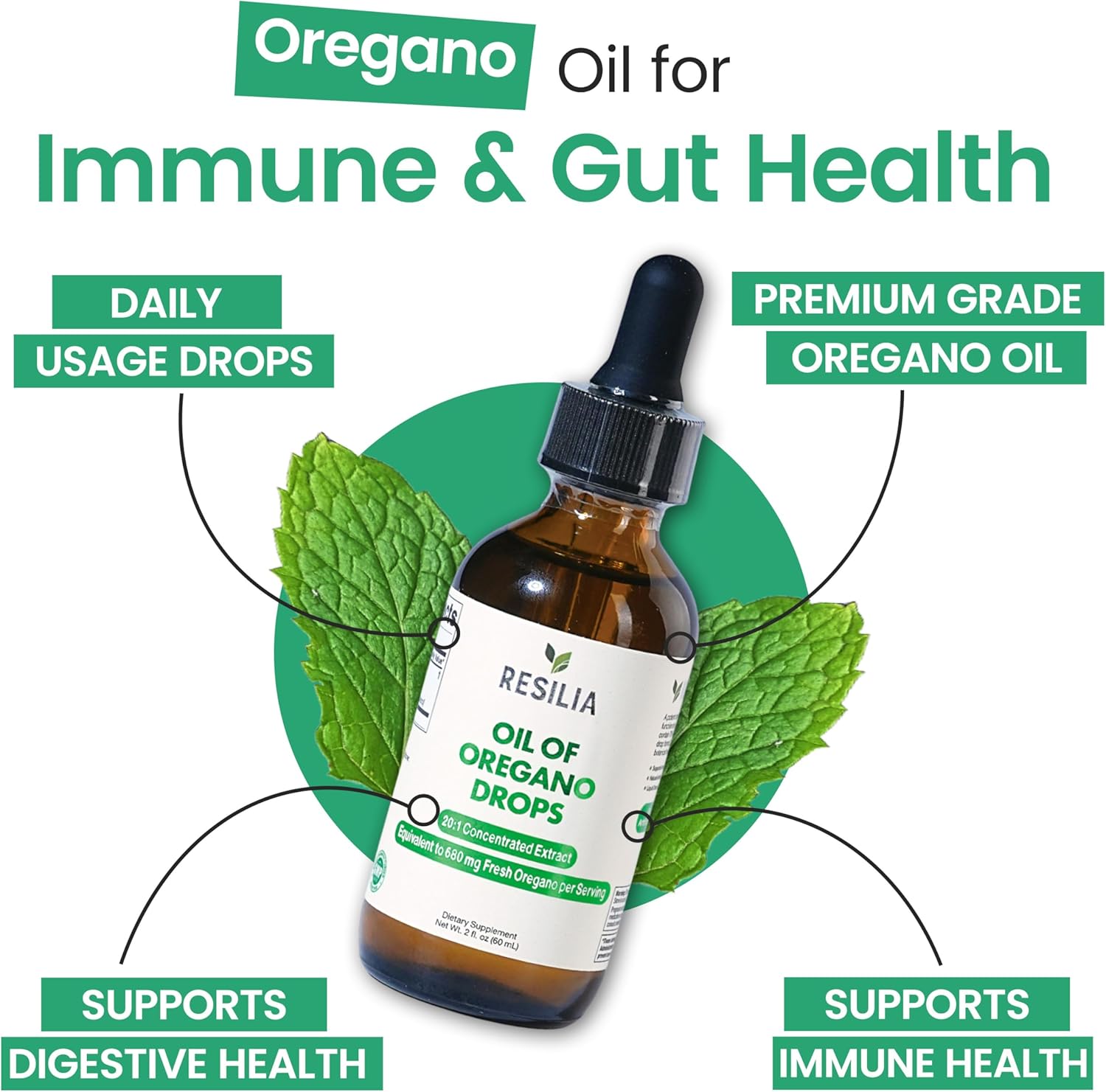 Resilia Premium Oregano Oil Drops – High Potency 34mg Per Serving – Herbal Antioxidant Formula for Immune Support – Non-GMO, Easy-to-Use Liquid Supplement, 60ml - Image 4