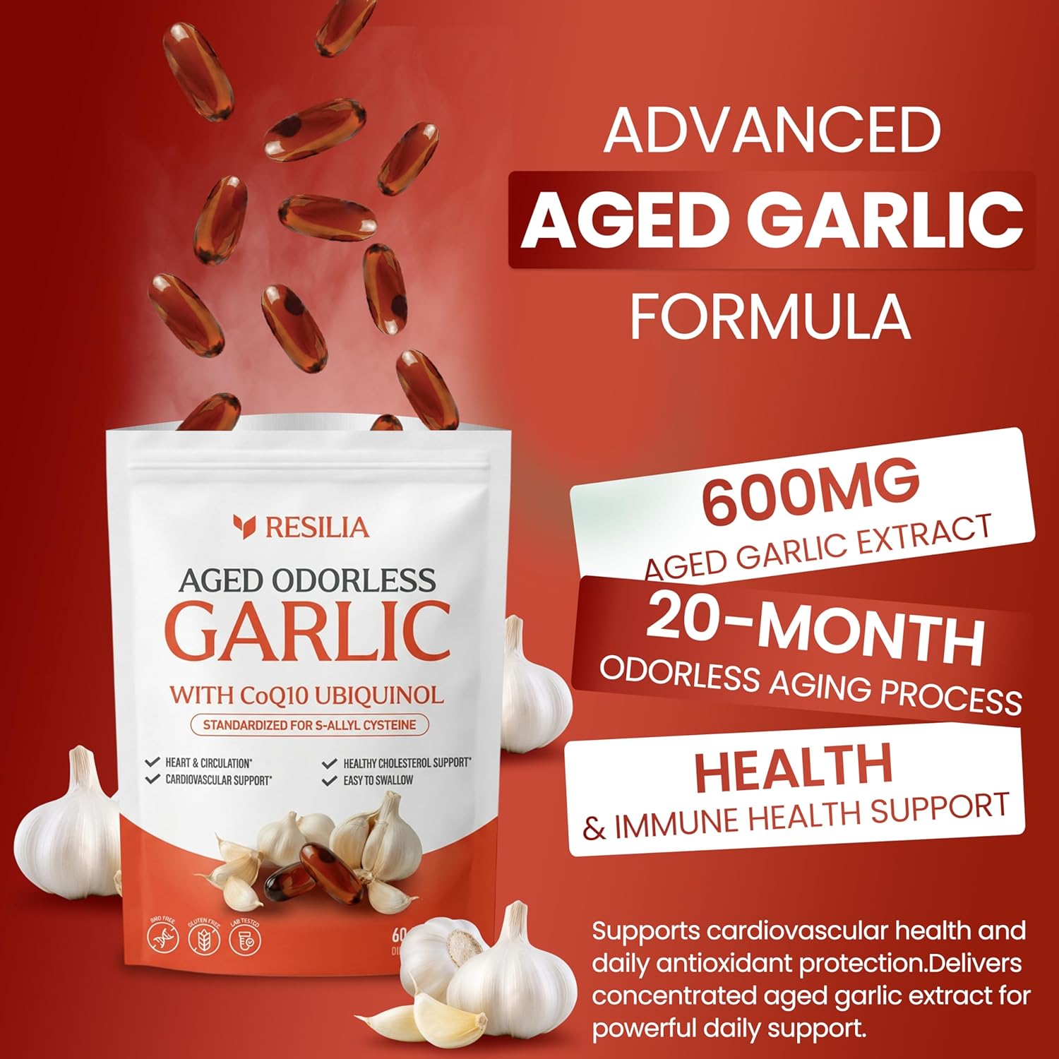 Resilia Garlic Extract 600mg Softgels (60 Count) – Odorless Aged Garlic Extract Supplement with CoQ10 Ubiquinol – 20-Month Matured, Standardized for S-Allyl Cysteine - Heart Health & Immune Support - Image 2