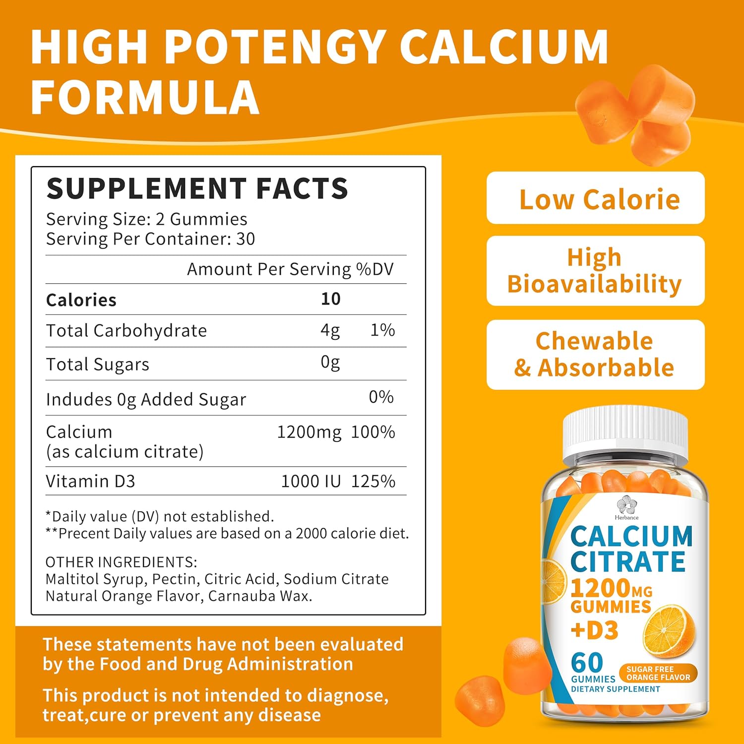(2 Pack) Calcium Citrate 1200 mg Gummies with Vitamin D3, High Absorption Calcium Supplements for Women & Men, Sugar Free, Non-GMO, Gluten Free, Supports Muscle & Immune - Orange Flavor - Image 2