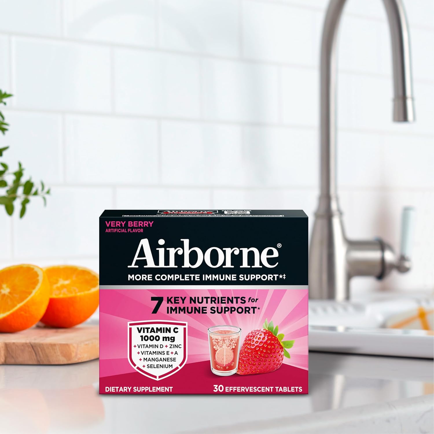 Airborne Immune Support Effervescent Tablets, Very Berry Flavor - 30ct with 1000mg Vitamin C + Vitamins A, D, E, Zinc, Selenium, Manganese & Herbal Blend - Sugar‑Free, Gluten‑Free - Image 18