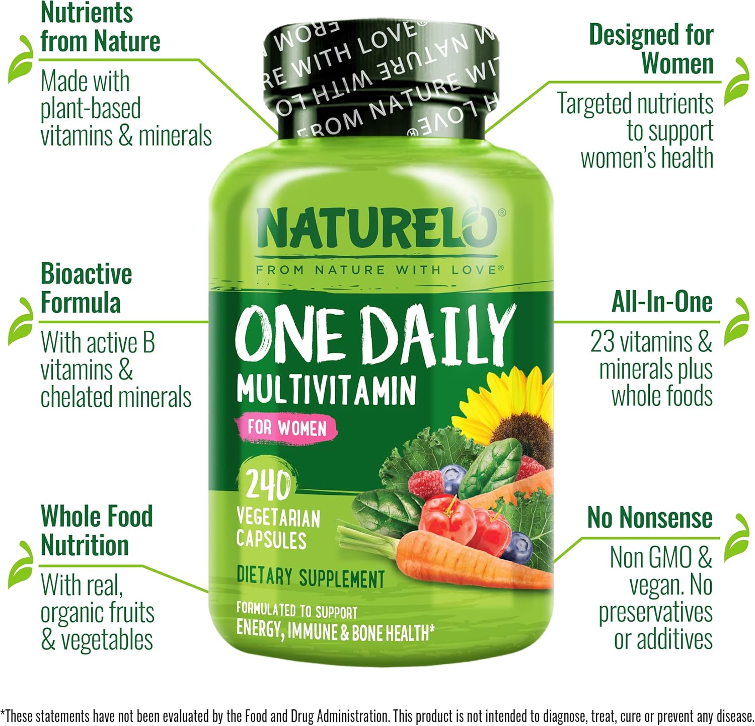 NATURELO One Daily Multivitamin for Women w/Vitamin B12, 240 Ct, Energy Support, Whole Food Daily Women Multivitamin Supplement, Nourish Hair/Skin/Nail, Non-GMO, No Soy, Gluten Free, 8 Month Supply - Image 4