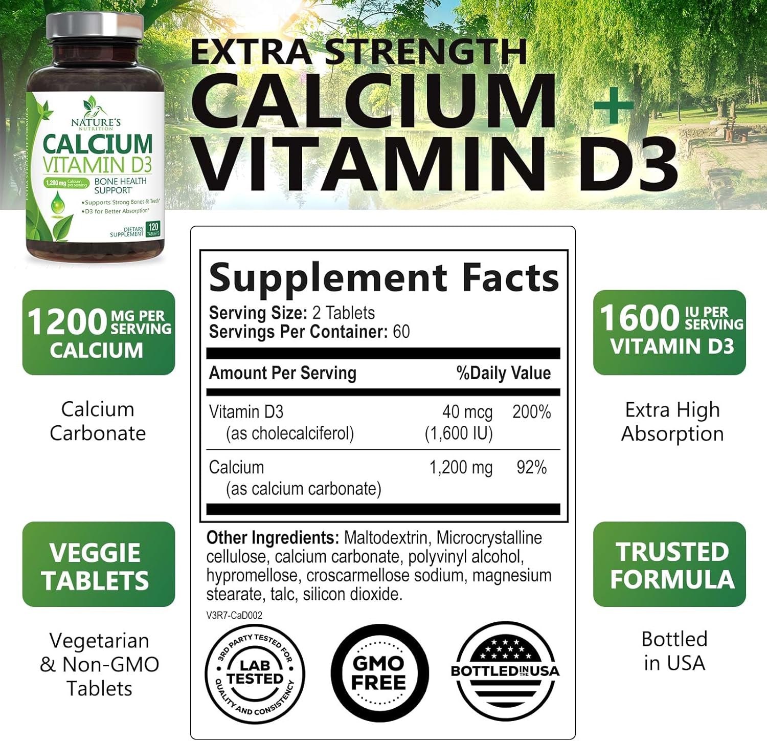 Calcium Supplement with Vitamin D3-1200 mg Calcium per Serving with D3 for Best Absorption - Supports Immune Health, Bones & Teeth - Nature's Calcium is Bottled in USA for Women & Men - 120 Tablets - Image 2