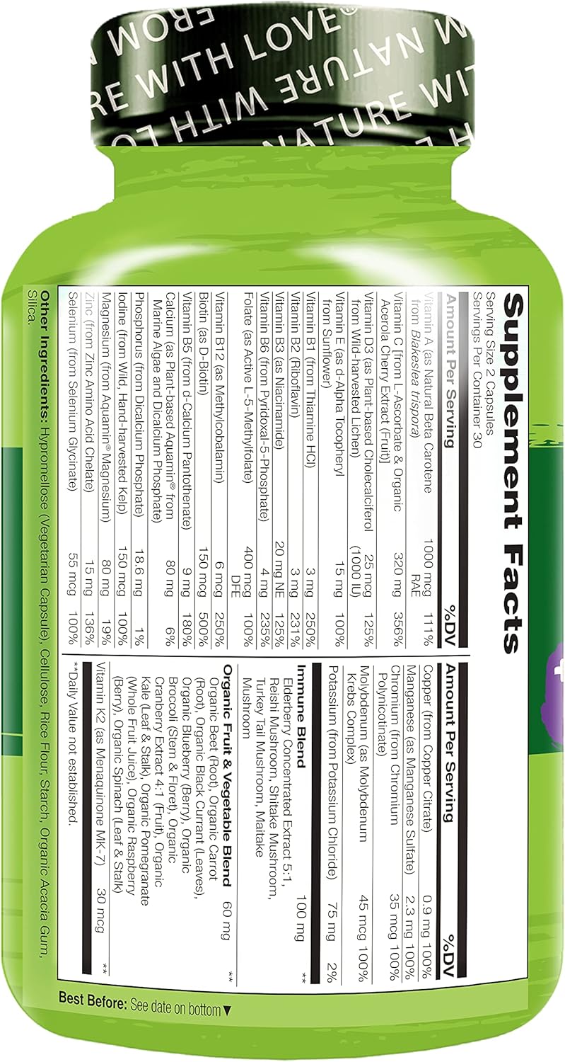 NATURELO Whole Food Multivitamin + Immune Blend with Elderberry & Mushrooms - Complete Multivitamin with Extra Immune Support - C, D3, Zinc, Elderberry, Reishi, Shitake - 60 Vegan Capsules - Image 8