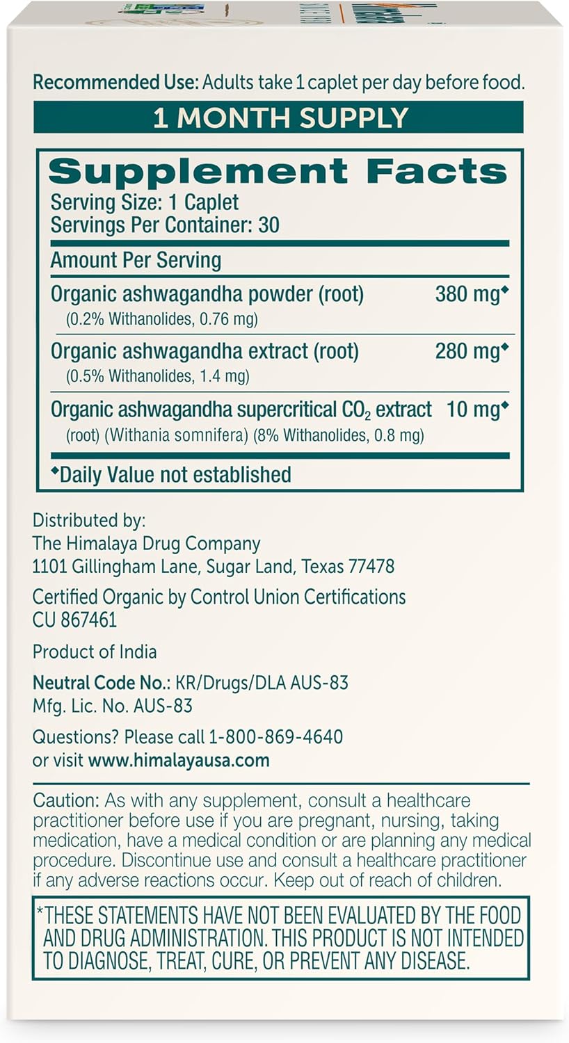 Himalaya Organic Ashwagandha Root, 30 Day Supply - Herbal Adrenal Support Supplements for Stress Relief and Energy Support - USDA Organic, Non-GMO, Vegan, Gluten Free, No Additives, 670 mg, 30 Caplets - Image 8