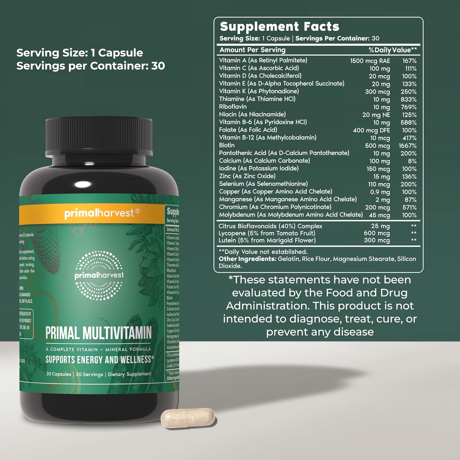 Primal Harvest Primal Multivitamin - Daily Multi-Vitamin Supplement with 21 Essential Vitamins & Minerals for Women & Men - Vitamin A, C, D, E, B12, B6, Biotin, Folic Acid, Zinc, Copper & Selenium - Image 2