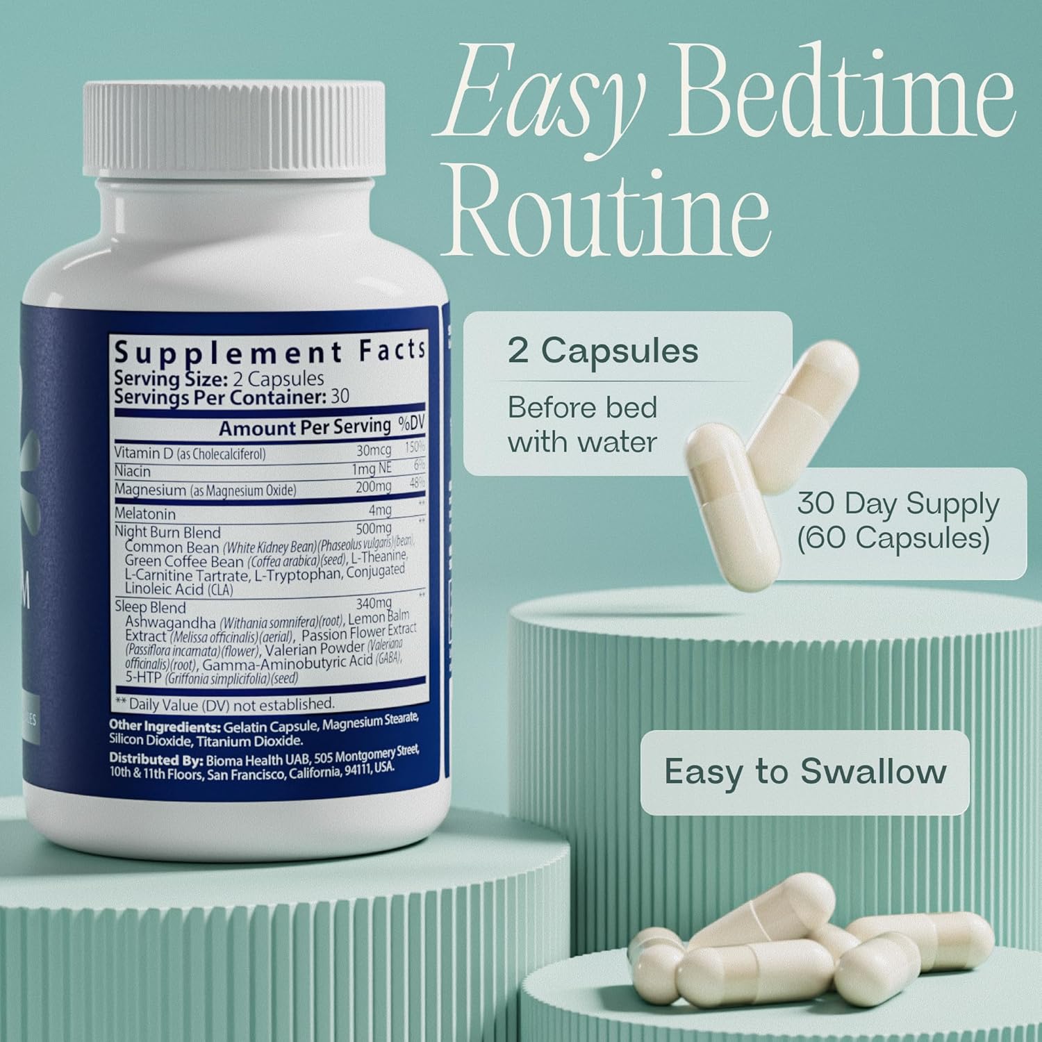 BIOMA Night Metabolism & Sleep - Supports Digestion, Energy Metabolism & Restful Sleep with Melatonin, Vitamin D, Magnesium & More - 60 Capsules (30-Day Supply) - Image 4