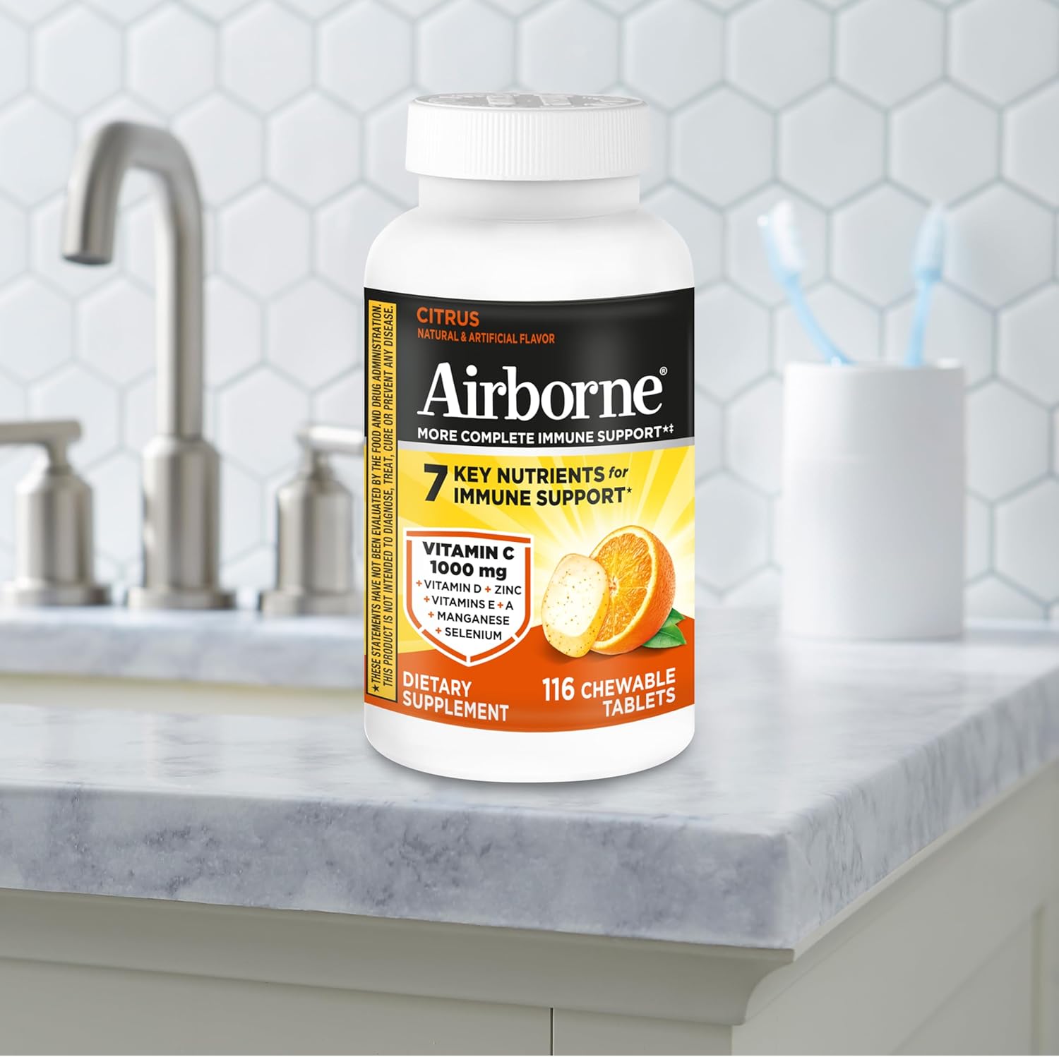 Airborne Citrus Chewable Tablets, 116ct | Immune Support Supplement with 1000mg Vitamin C + Vitamins A, D, E, Zinc,Selenium, & Manganese | Herbal Blend | Gluten Free - Image 16