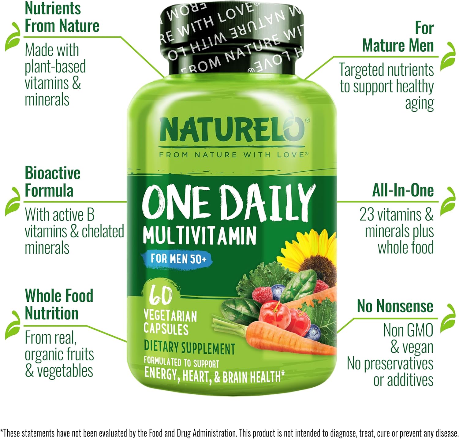 NATURELO Mens Multivitamins for Men 50+ - One Daily Multivitamin for Men with Vitamins, Minerals & Organic Whole Foods, Boost Energy & Health, Non-GMO, 60 Vegetarian Capsules - Image 4