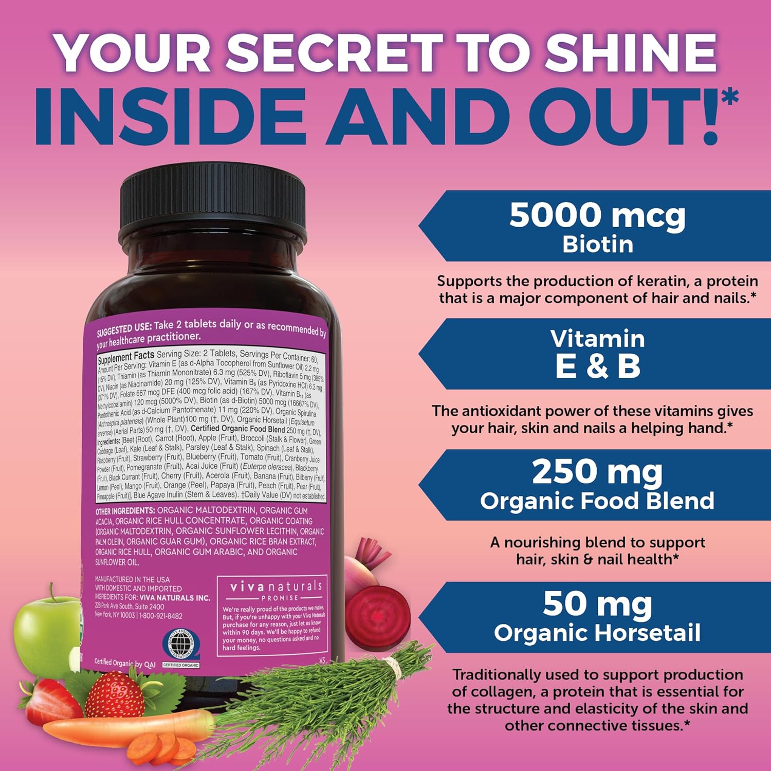 Biotin 5000 mcg Hair Skin Nails Vitamins for Women – Organic and Vegetarian-Friendly Supplement with Vitamin E, B-Vitamins, Spirulina, Horsetail and Superfood Blend to help Produce Keratin –120 Count - Image 5