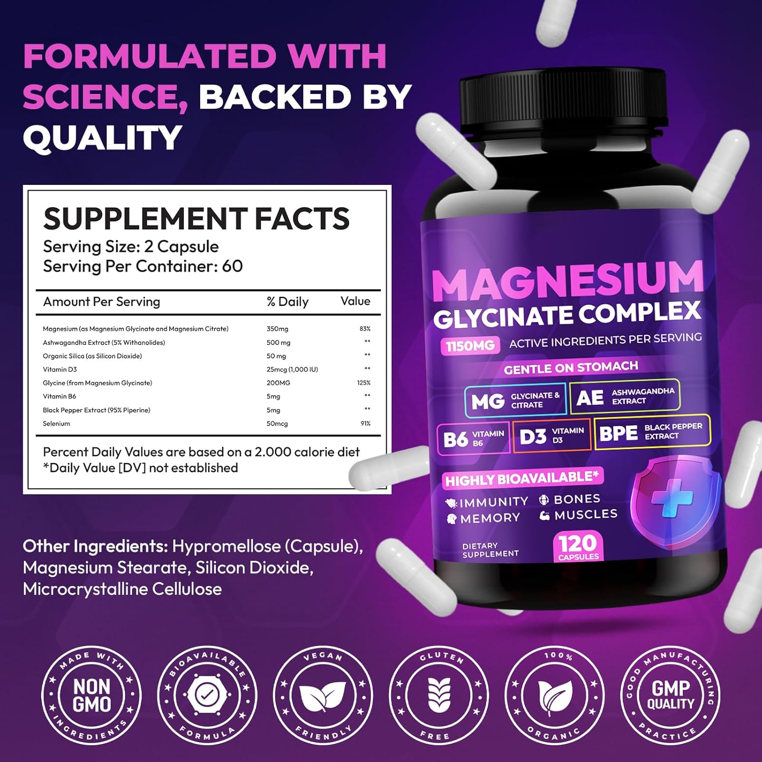 Magnesium Glycinate Complex 1150mg - Gentle on Stomach High Absorption Magnesium Capsules with Citrate, Silica, Ashwagandha & Vitamin B6 for Zzz, Stress Relief, Muscle Support for Adults, Women & Men - Image 7