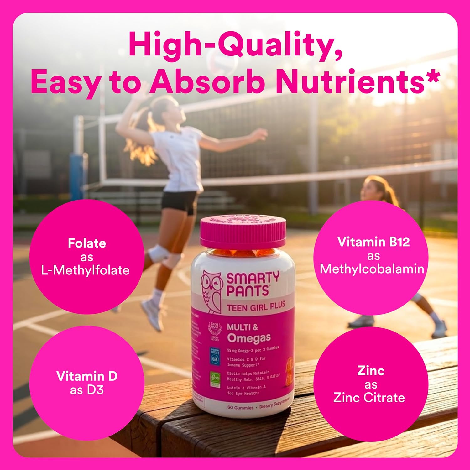SmartyPants Teen Girl Multivitamin Gummies, Omega 3 (DHA/EPA), Vitamin C, D3, B12, Vitamin A, K & Zinc, Biotin to Support Hair, Skin & Nails, Gluten Free, 60 Count (30 Day Supply) - Image 4