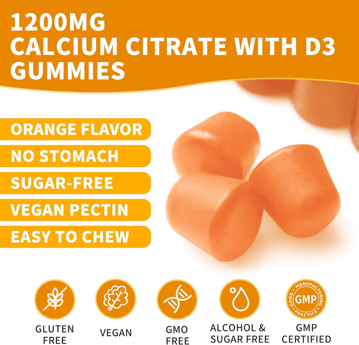 (2 Pack) Calcium Citrate 1200 mg Gummies with Vitamin D3, High Absorption Calcium Supplements for Women & Men, Sugar Free, Non-GMO, Gluten Free, Supports Muscle & Immune - Orange Flavor - Image 6