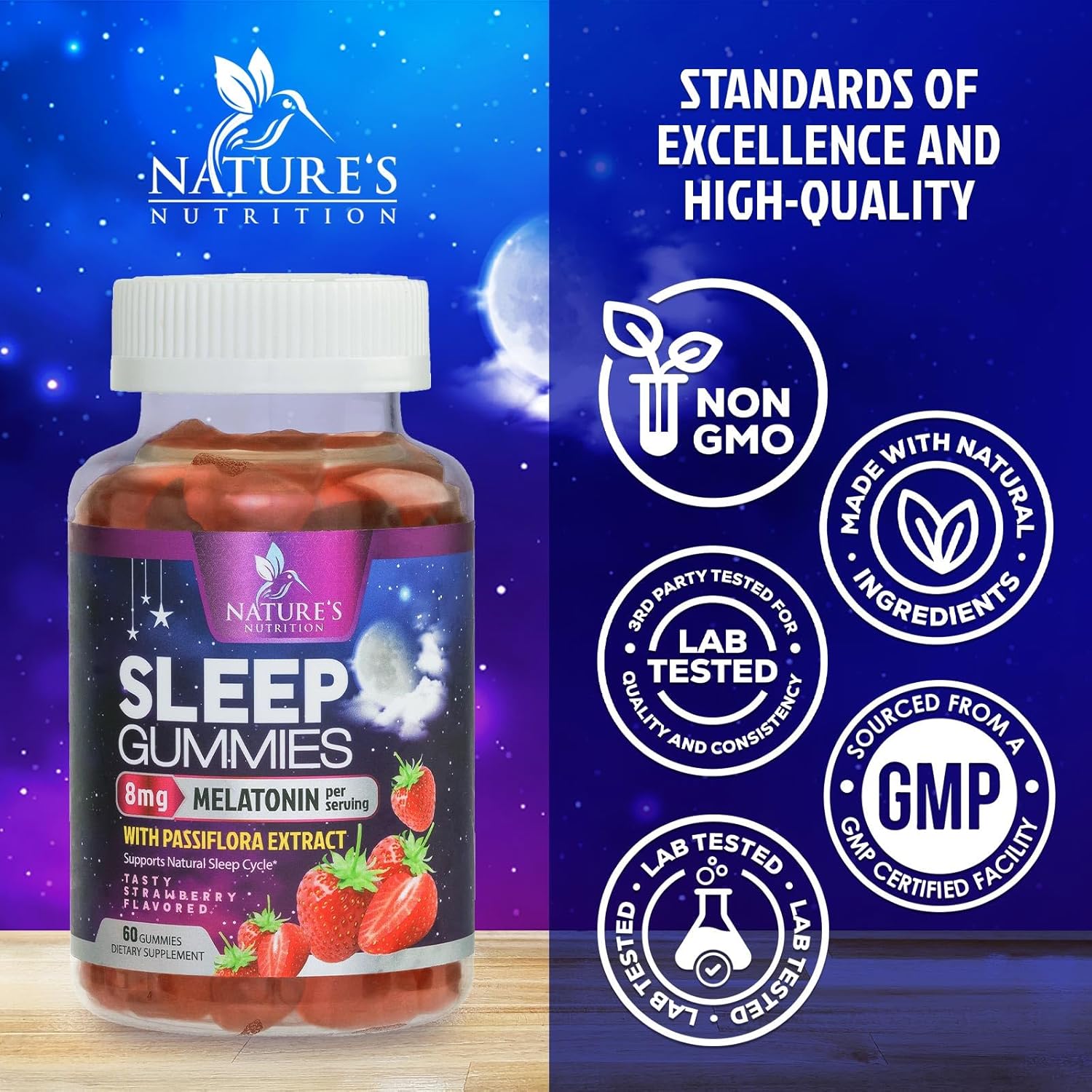 Sleep Gummies - 8mg Melatonin Per Serving - With Passiflora Extract for Restful Sleep - Fast Acting Melatonin Sleep Gummy Supplement for Adults, Vegan, Non-GMO, Tasty Strawberry Flavor - 60 Gummies - Image 4