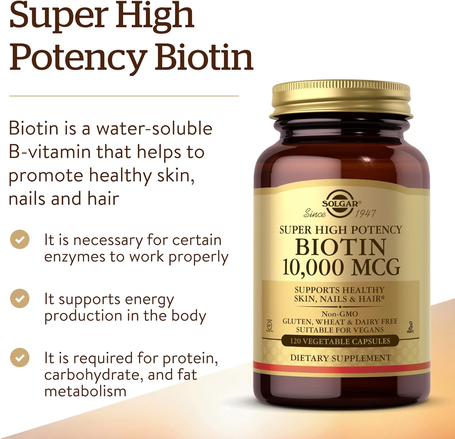 Solgar Biotin 10000 mcg Vegetable Capsules Energy Metabolism Promotes Healthy Skin Nails Hair Super High Potency NonGMO Vegan Gluten Free Dairy Free Kosher Servings, Standard Packaging, Unflavored, 120 Count - Image 3