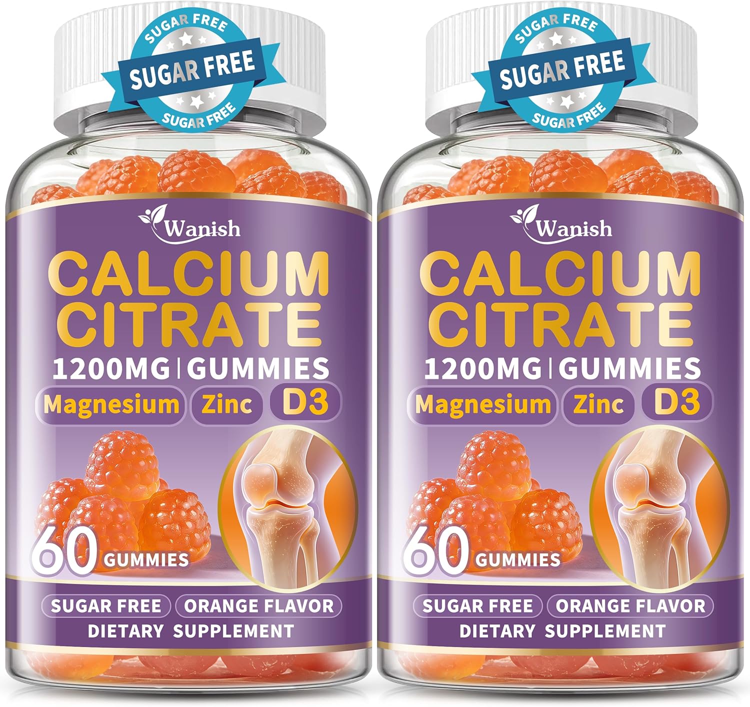 (2 Pack) Calcium Citrate 1200 mg for Women,Calcium Magnesium Zinc Vitamin D3 Gummies,High Absorption Calcium Chews Supplement for Bone,Teeth and Muscle Healthy,Sugar Free,Vegan,Non-GMO,Orange Flavor