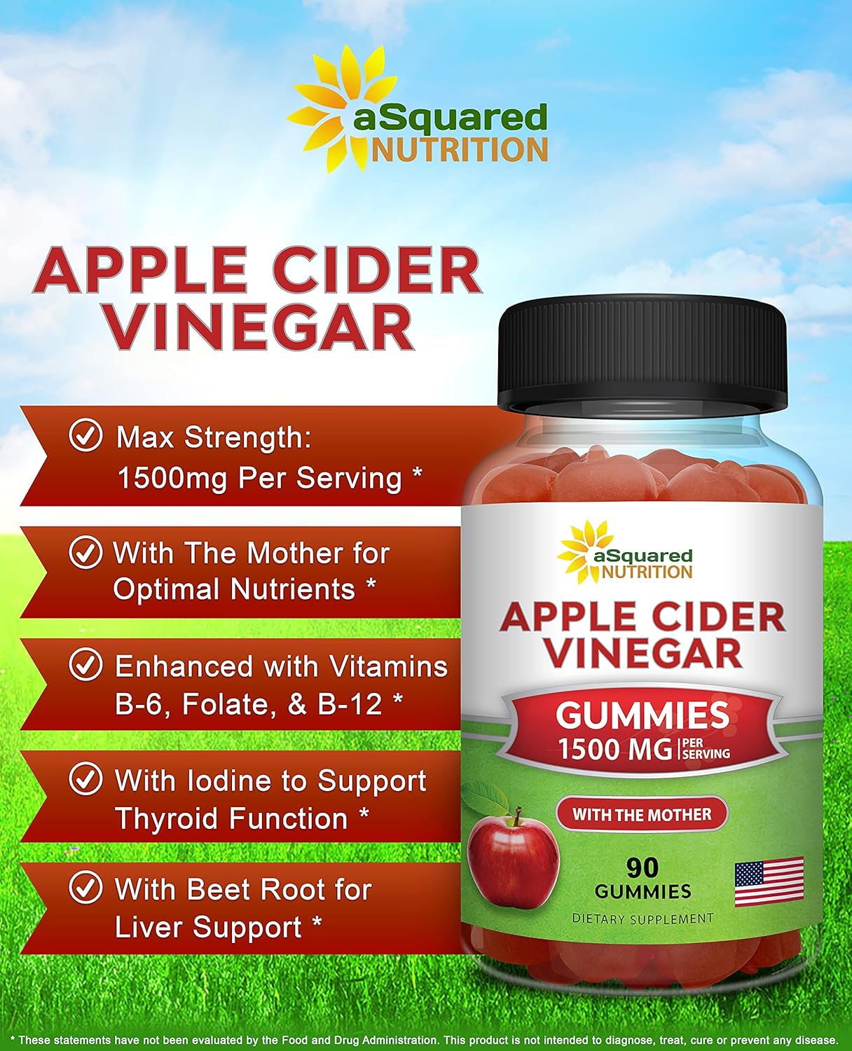 aSquared Nutrition Apple Cider Vinegar Gummies - 1500mg Per Serving - with The Mother - 90 ACV Gummies w/Vitamin B6 & B12, Folic Acid - Vegan Gummy Supplement Alternative to Capsules Pills & Drink - Image 2