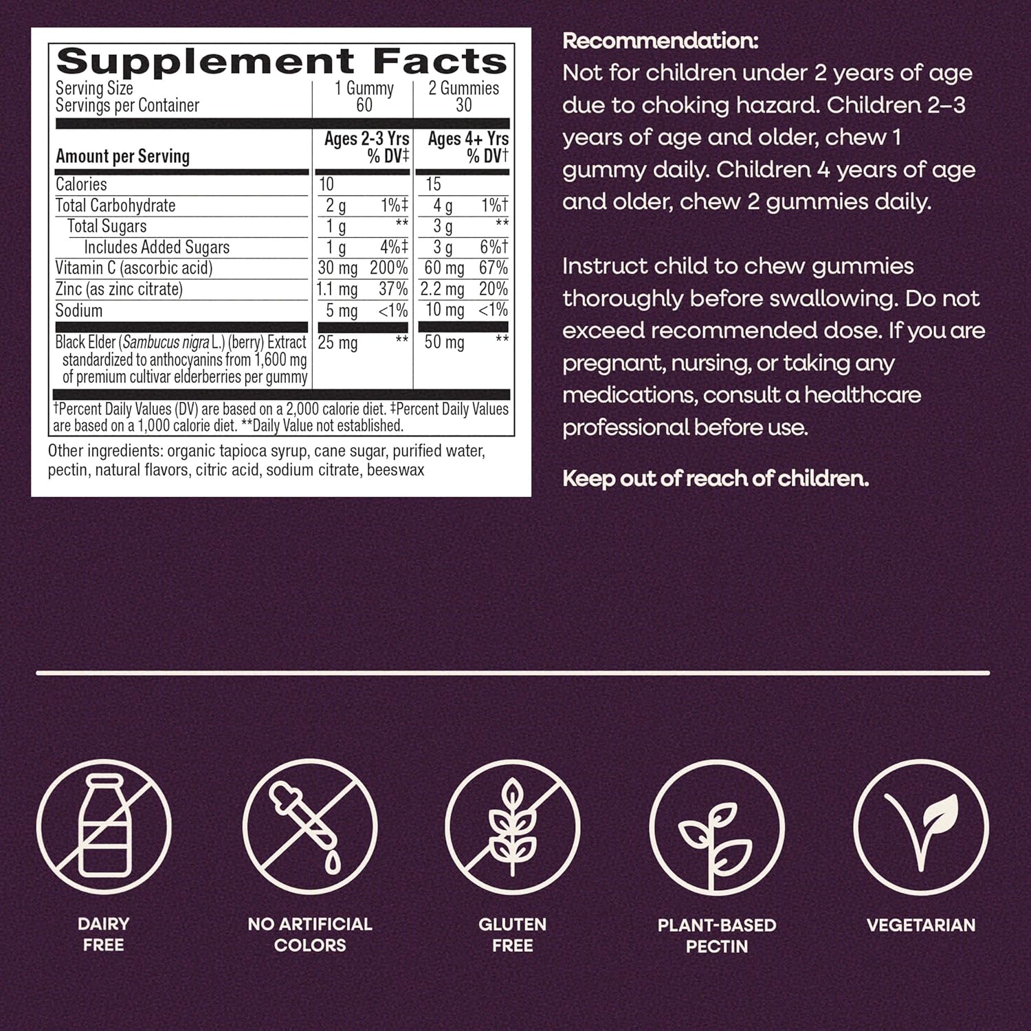 Nature's Way Sambucus Kids Elderberry Immune Gummies with Black Elderberry Extract, Daily Immune Support Gummy with Vitamin C and Zinc for Children Ages 2+*, 60 Gummies - Image 7
