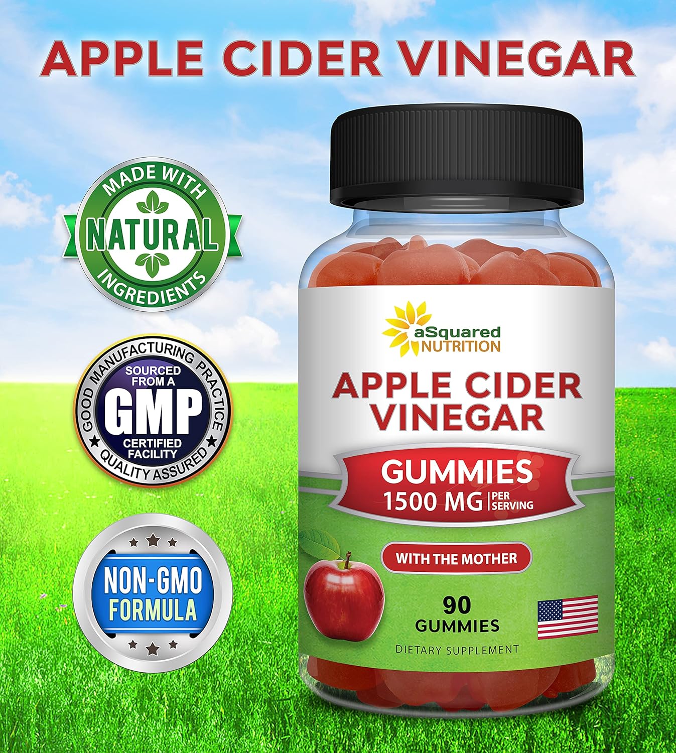aSquared Nutrition Apple Cider Vinegar Gummies - 1500mg Per Serving - with The Mother - 90 ACV Gummies w/Vitamin B6 & B12, Folic Acid - Vegan Gummy Supplement Alternative to Capsules Pills & Drink - Image 5