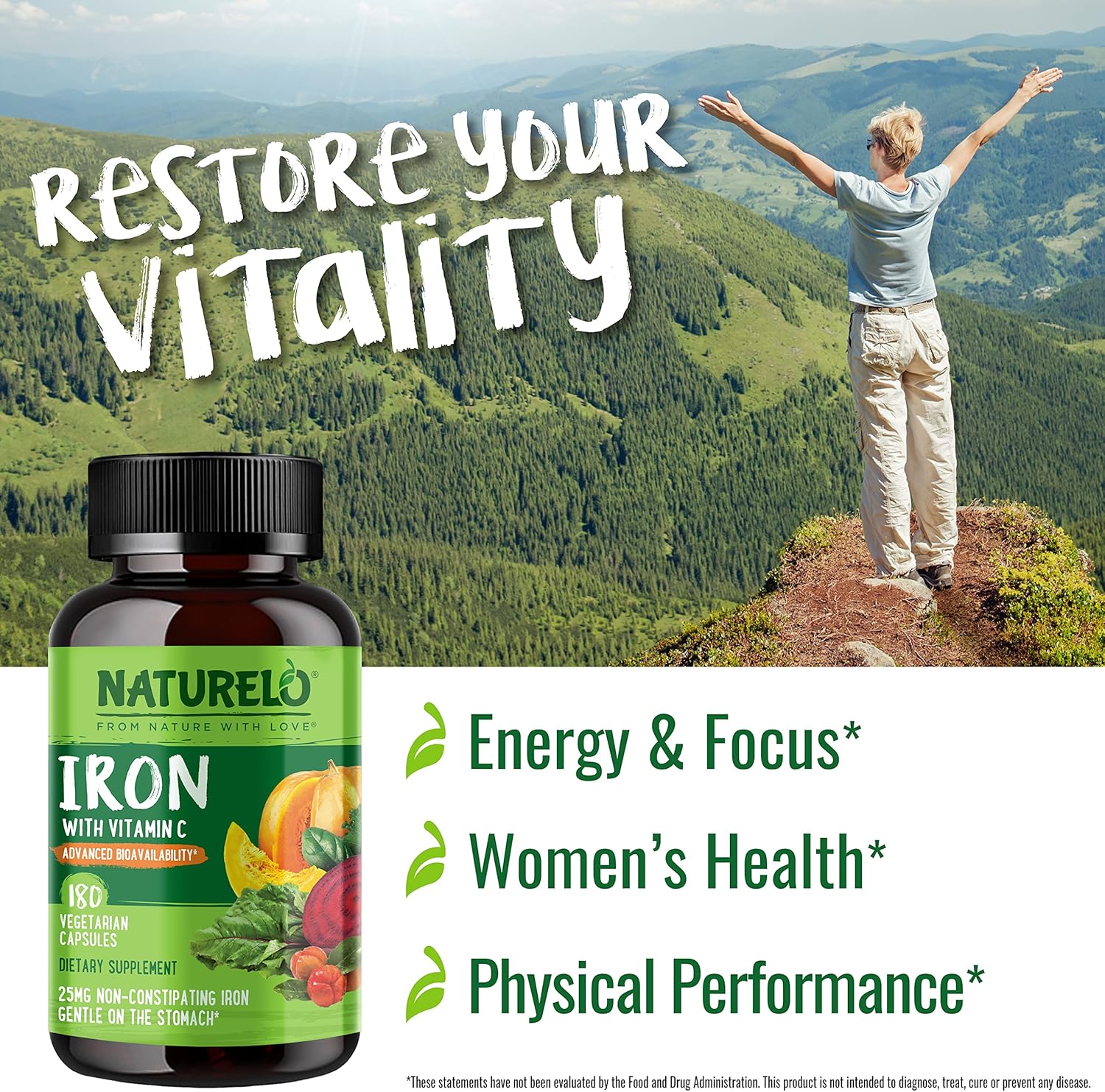 NATURELO Vegan Iron Supplement with Vitamin C and Organic Whole Foods - Gentle Iron Pills for Women & Men with Iron Deficiency Including Pregnancy, Anemia and Vegan Diets - 180 Mini Capsules - Image 5