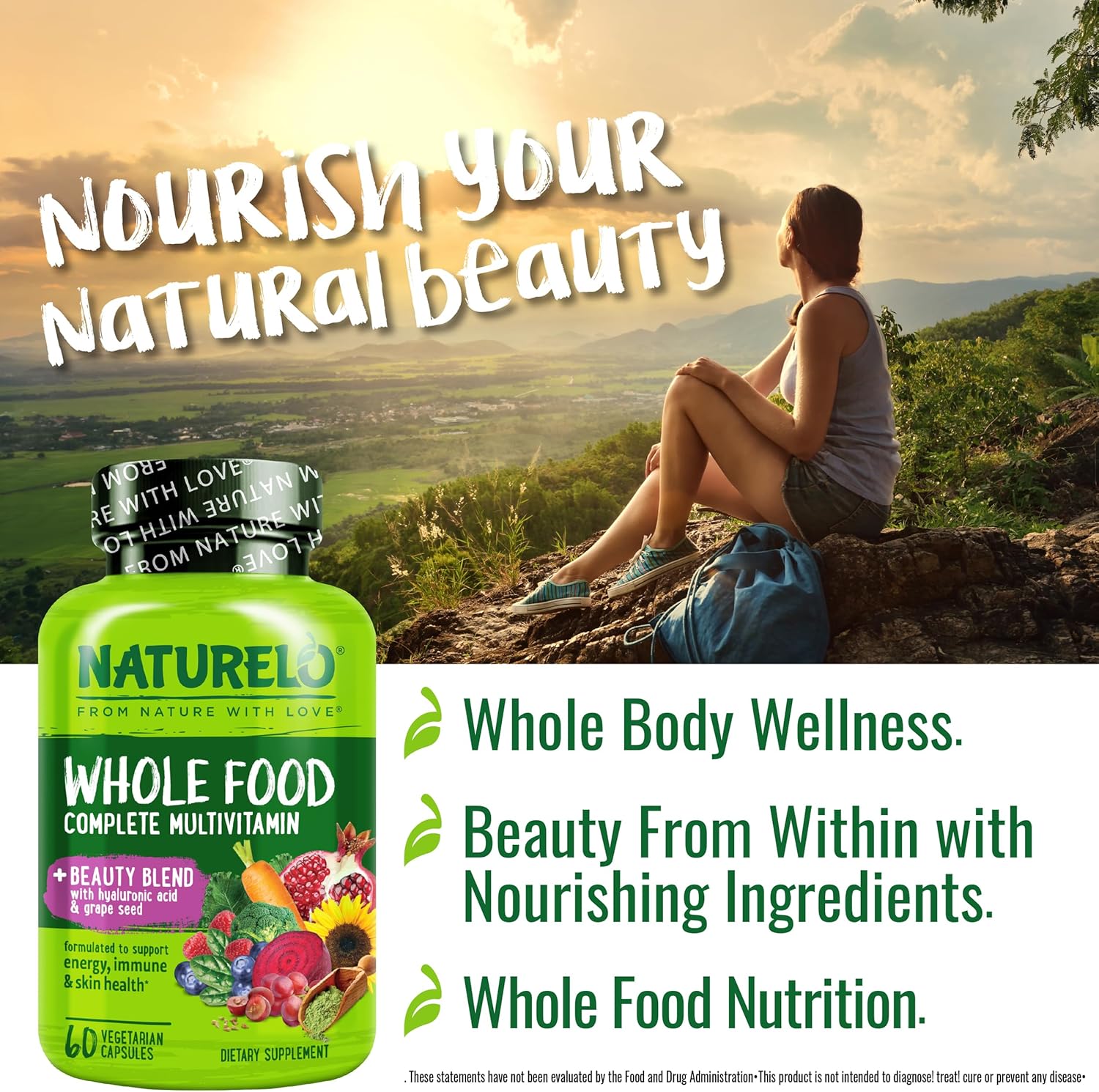 NATURELO Whole Food Multivitamin with Extra Hair, Skin and Nails Support - Beauty Blend with Hyaluronic Acid & Grape Seed - High Potency Biotin, Vitamin C, and Glutathione - 60 Vegan Capsules - Image 5
