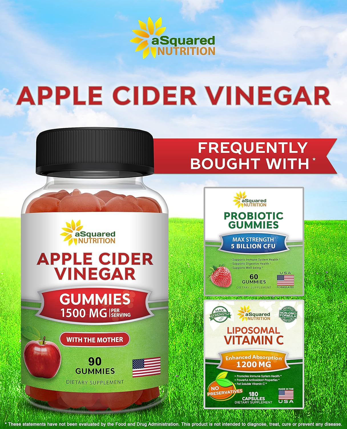 aSquared Nutrition Apple Cider Vinegar Gummies - 1500mg Per Serving - with The Mother - 90 ACV Gummies w/Vitamin B6 & B12, Folic Acid - Vegan Gummy Supplement Alternative to Capsules Pills & Drink - Image 6