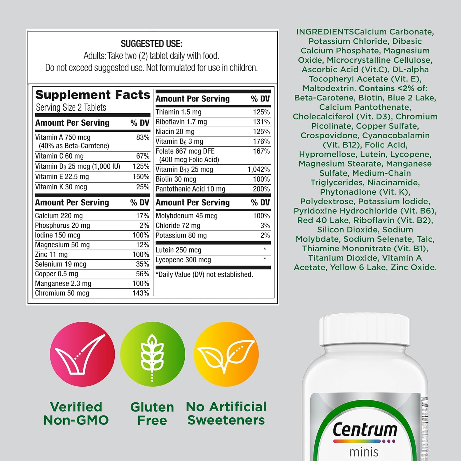Centrum Minis Silver Multivitamin for Adults 50 Plus, Multimineral Supplement, Vitamin D3, B-Vitamins, Gluten Free, Non-GMO Ingredients, Supports Memory and Cognition in Older Adults - 320 Ct - Image 9
