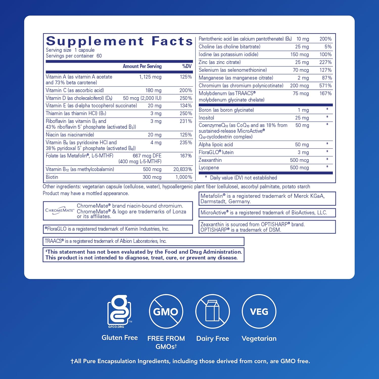 Pure Encapsulations O.N.E. Multivitamin - Once Daily Multivitamin with Antioxidant Complex Metafolin, CoQ10, and Lutein to Support Vision, Cognitive Function, and Cellular Health* - 60 Capsules - Image 2