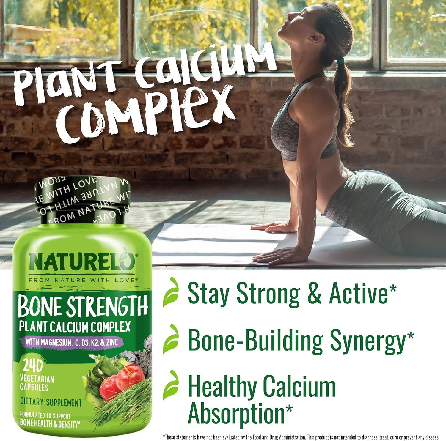 NATURELO Calcium Supplement - with Vitamin C, Vitamin D3, K2, and Calcium Magnesium Zinc for Bone Strength with Calcium 600mg - Plant-Based, 240 Vegetarian Capsules, Non-GMO, Soy & Gluten-Free - Image 2
