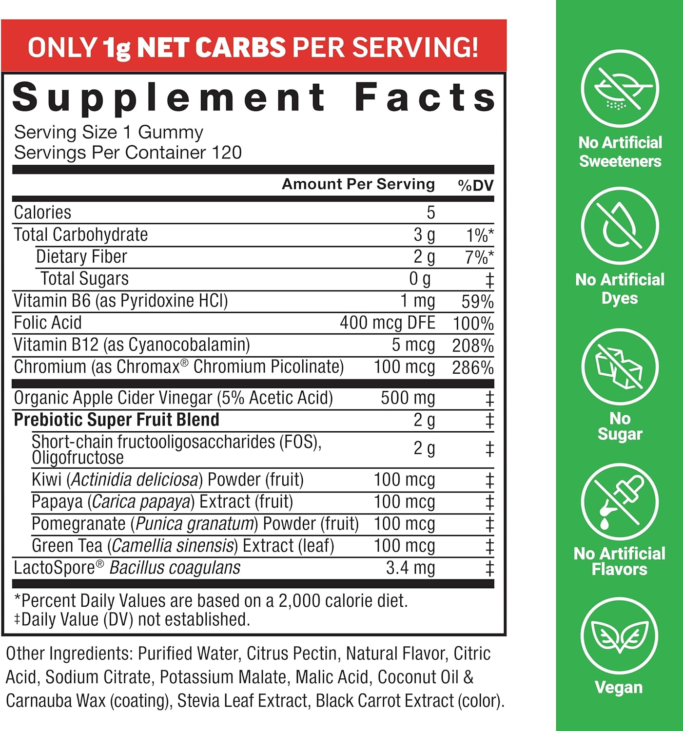 Force Factor ProbioSlim Keto ACV Metabolism Gummies, Organic Apple Cider Vinegar, LactoSpore Probiotics & Prebiotics to Support Digestion, Lean Body Mass, & Immune Health, Apple Flavor, 1 Carb, 120ct - Image 6