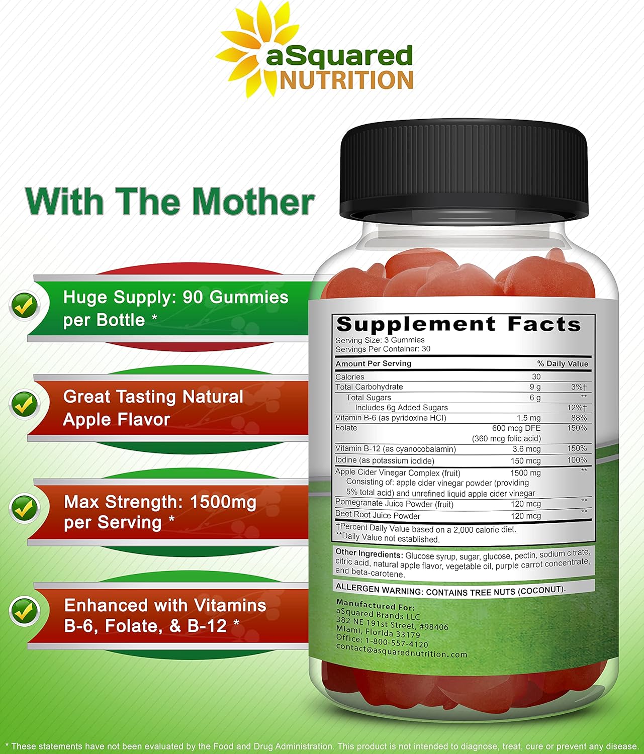 aSquared Nutrition Apple Cider Vinegar Gummies - 1500mg Per Serving - with The Mother - 90 ACV Gummies w/Vitamin B6 & B12, Folic Acid - Vegan Gummy Supplement Alternative to Capsules Pills & Drink - Image 3
