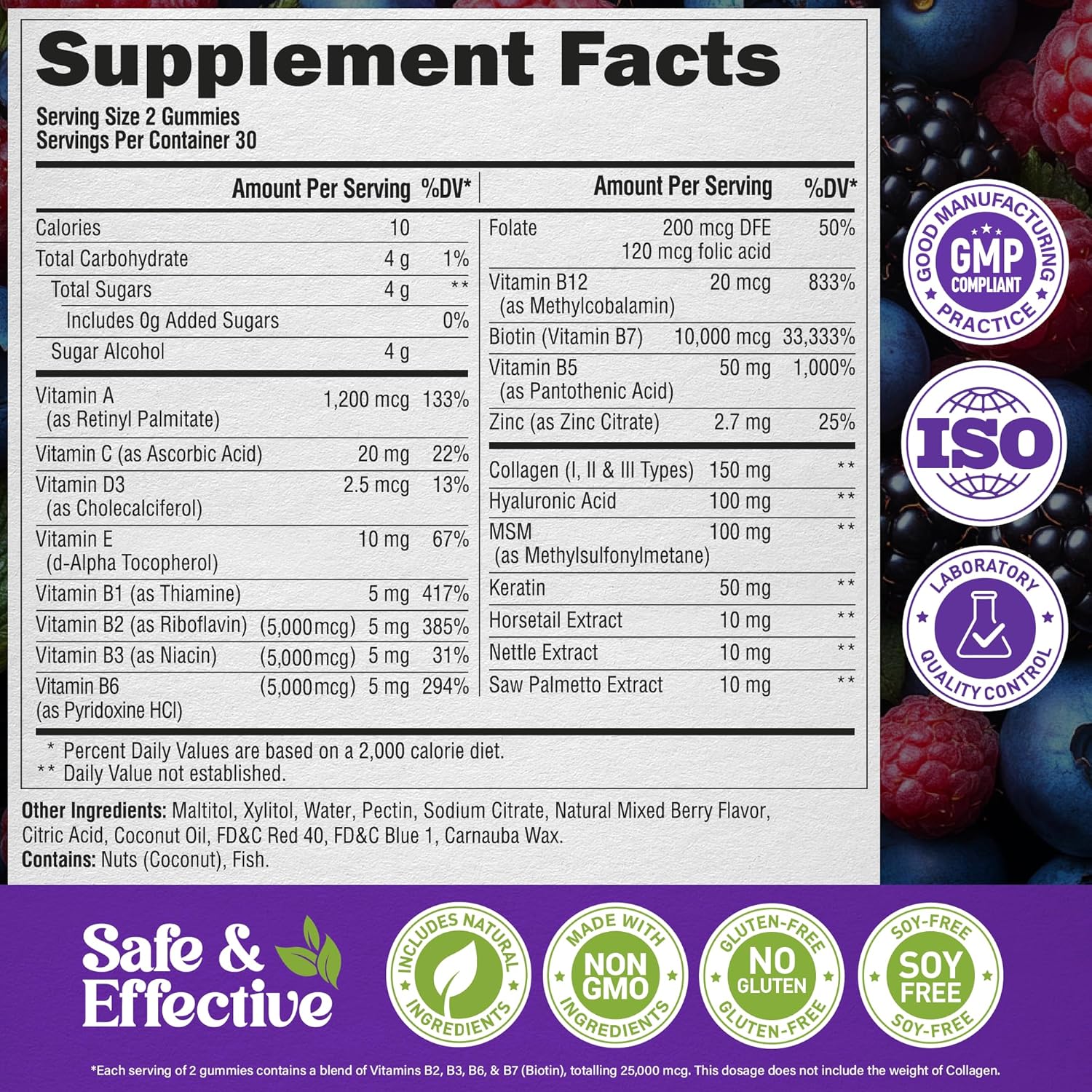 Biotin Gummies with Collagen - Hair Growth Support, Skin, & Nail Strength - for Women & Men - Biotin 10000mcg | Keratin | Hyaluronic Acid | B-Complex | Nettle - Sugar-Free, Mixed Berry, 60 Gummies - Image 8